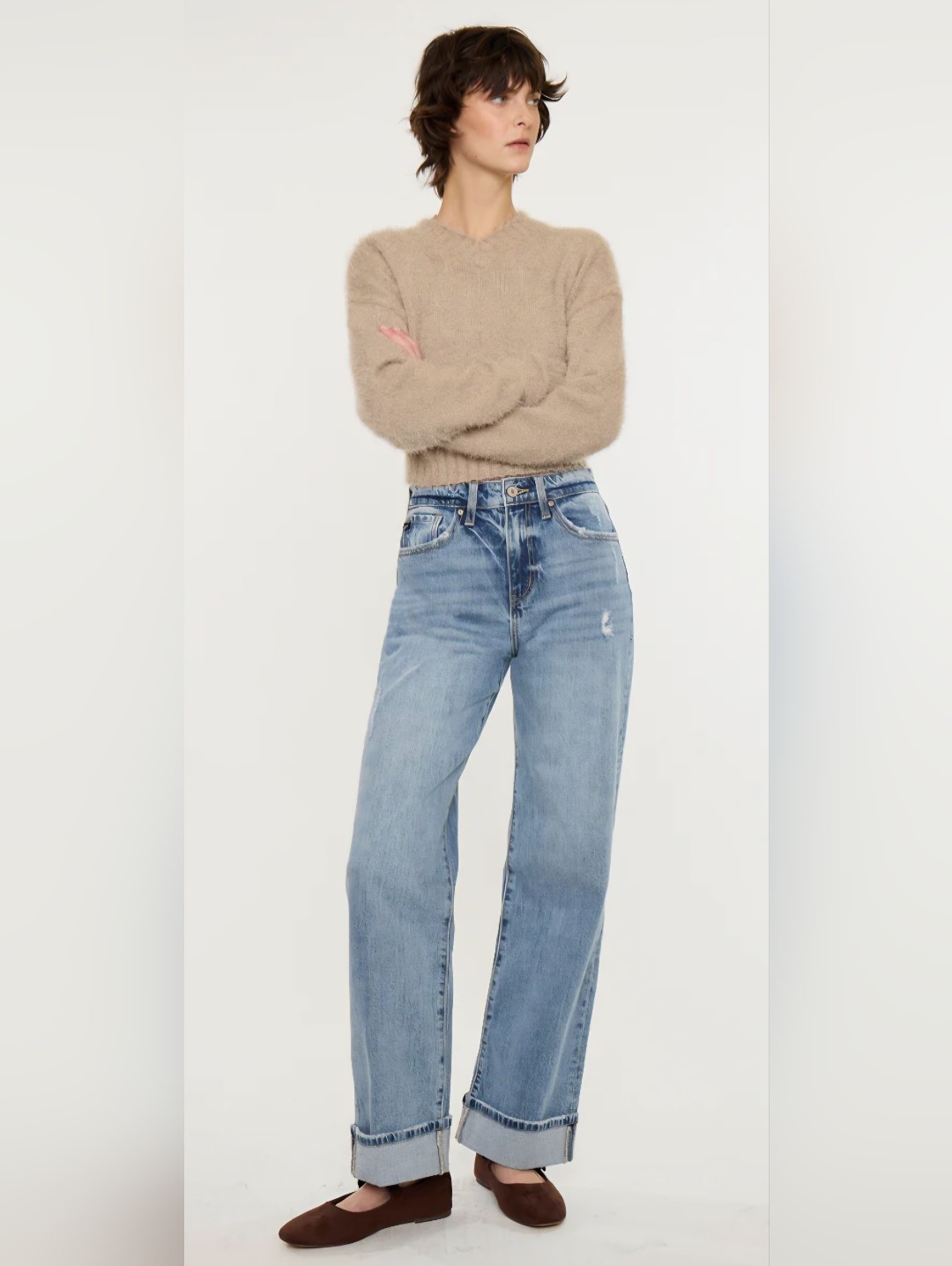 Kancan High Rise Medium Wash Wide Leg Jeans Cuffed Denim Stretch Trendy 1/24 New